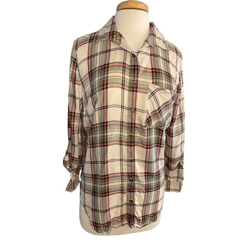 Faded Glory Plaid Rayon Button Down Shirt Cream Pink Green Roll Tab S 4-6 NEW